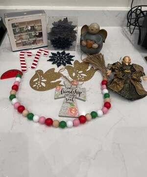 Eclectic Christmas Holiday Ornament and Decor Lot - Angels, Beaded Garlands, and